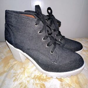 Denim Booties Shoes Chunky White High Heel Lace Up